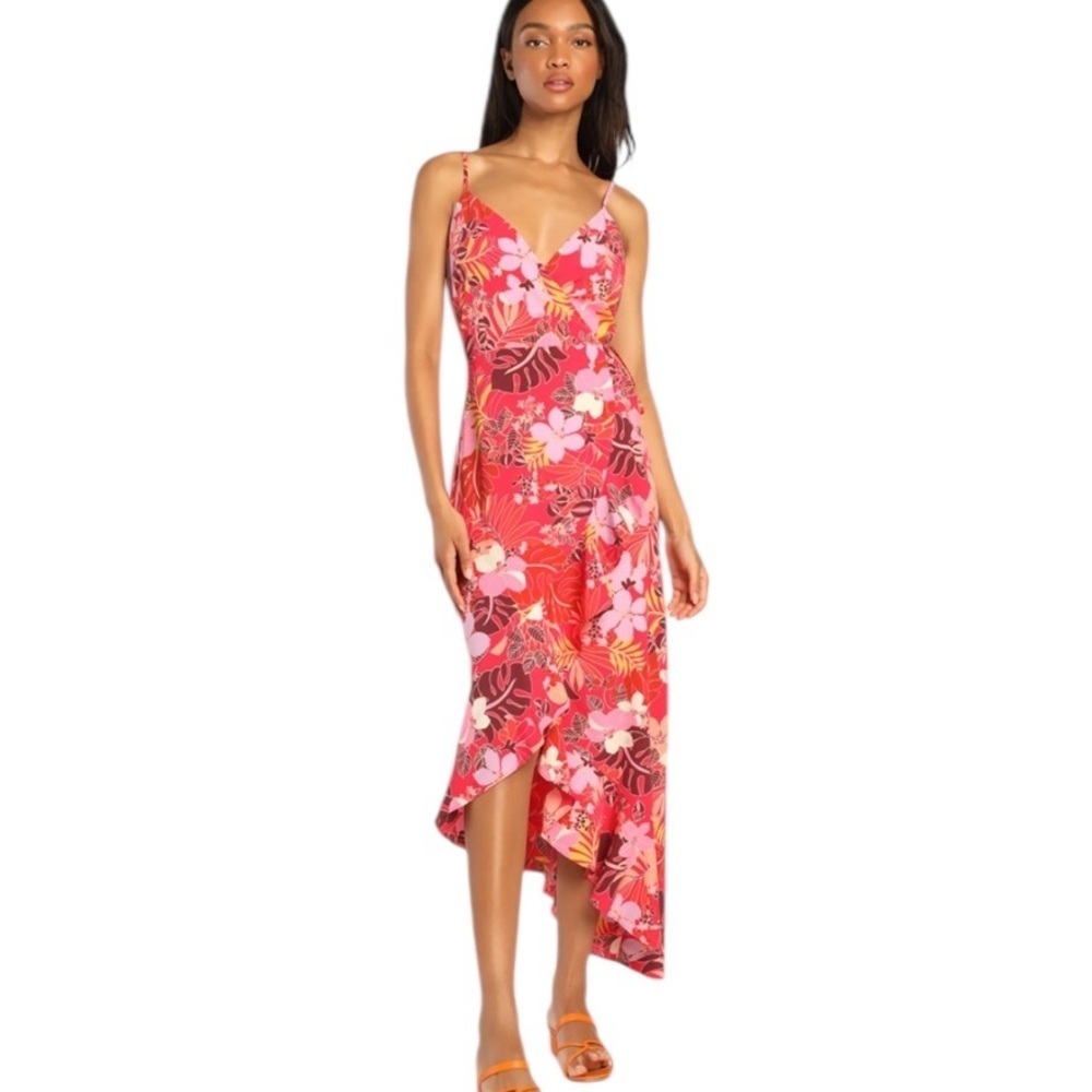 Lulus Getaway Daydream Berry Pink Tropical Print Wrap Dress XL